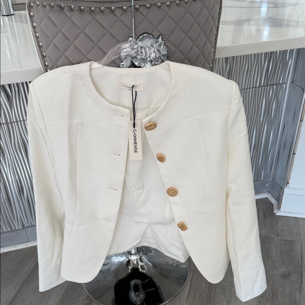 Commense Women's Ivory Blazer with Brass Accents
